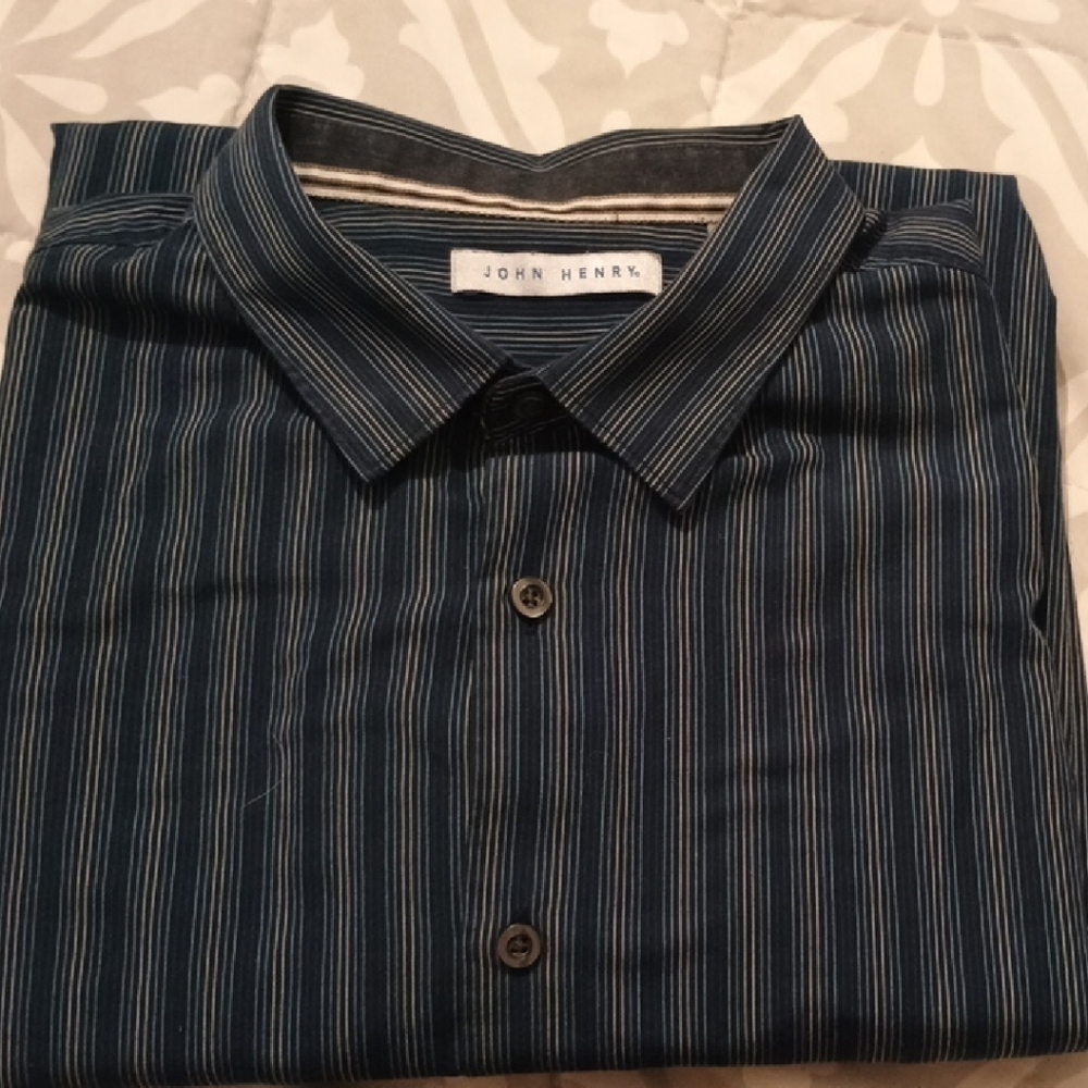 John Henry Men's Blue Striped Casual Button Down Shirt